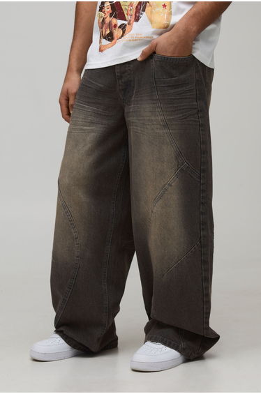 Baggy Panelled Washed Jeans - brown