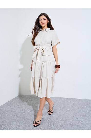 Beige Shirt Midi Dress with Tie-Belt