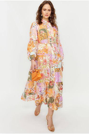 Multicolored Linen Look Belted Dress