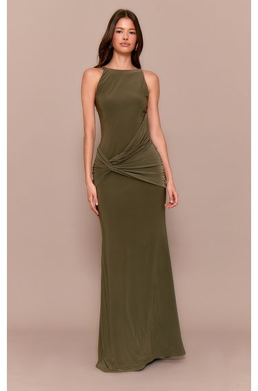 Khaki Double Layer Slinky Twisted Front Halter Neck Maxi Dress