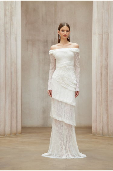 Étincelle White Ruched Lace Maxi Dress