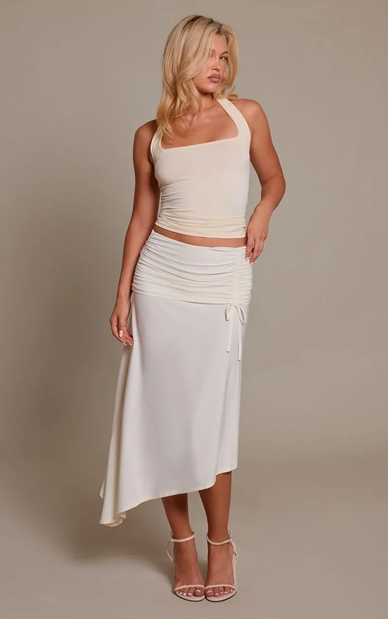 Cream Ruching Fold Over Detail Midi Skirt - 2