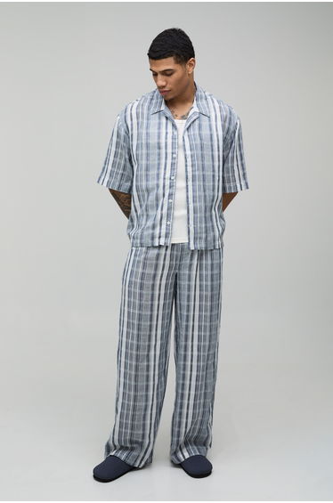Lightweight Cheesecloth Stripe Oversized Shirt & Relaxed Trouser Set - navy
