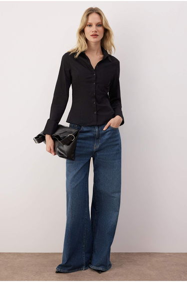 Wardrobe essentials black lightweight fitted cotton woven shirt