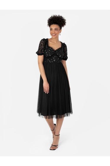 Maya Black Floral Embellished Sweetheart Neck Midi Dress