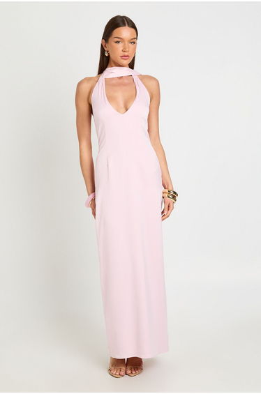 Satin Plunge Maxi Dress With Neck Tie - light pink