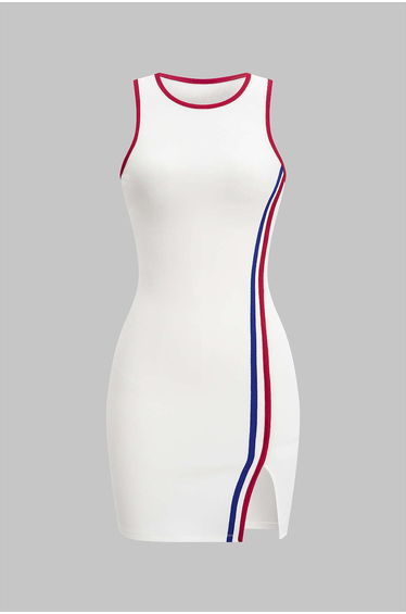 Contrast Binding Round Neck Slit Sleeveless Mini Dress