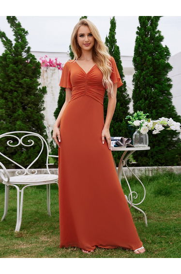 ever ELIOTTE|Ruffled Sleeves and V-Neck Pleated A-Line Chiffon Bridesmaid Dress