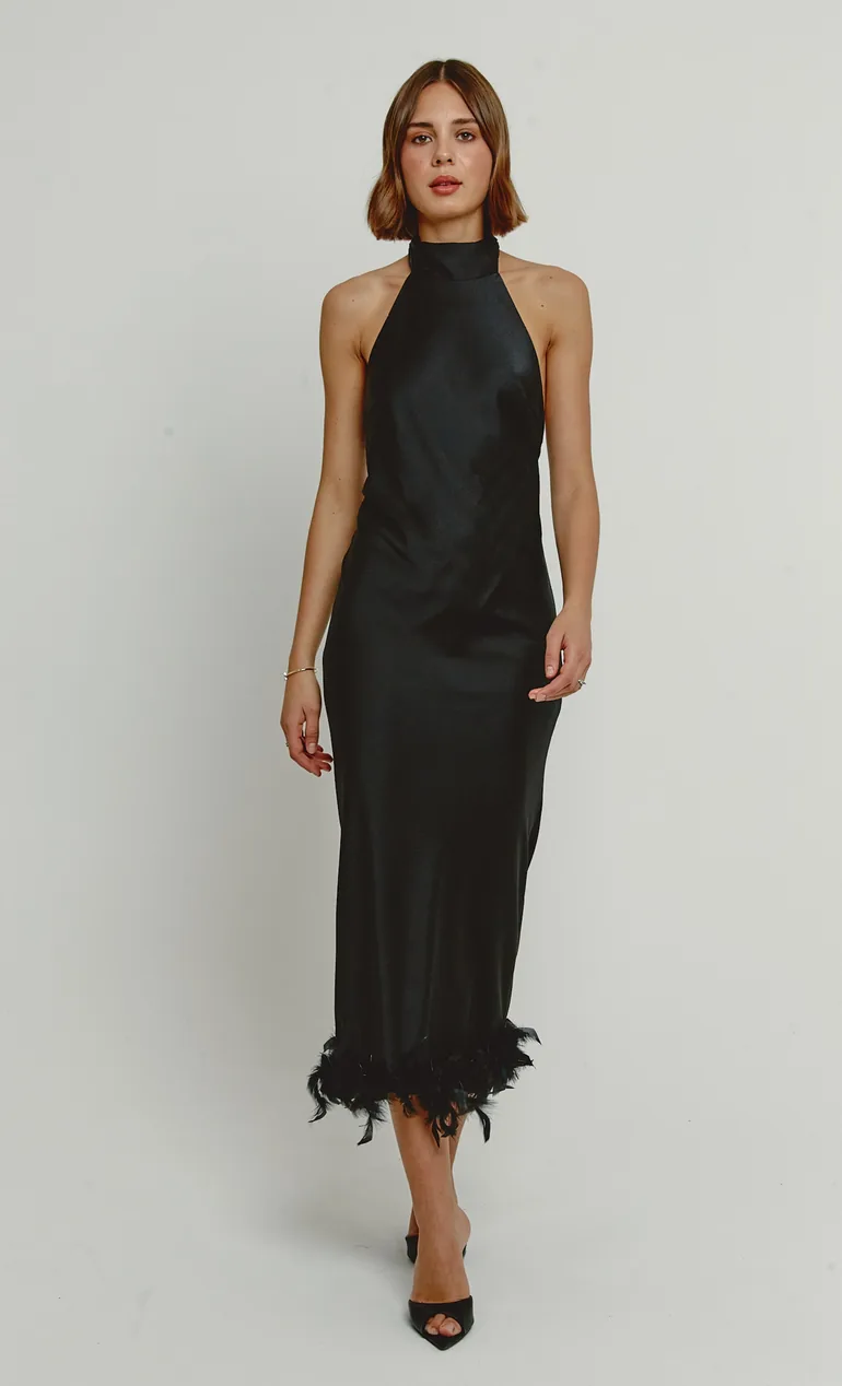 Black High Neck Feather Trim Dress Rare London Black : Evening Dresses : VogaCloset Qatar Black High Neck Feather Trim Dress Rare London Black : Evening Dresses : VogaCloset Qatar