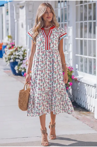 Lvness Red Cute Sunflower Printed Striped Patchwork Trim Flutter Sleeve Long Dress