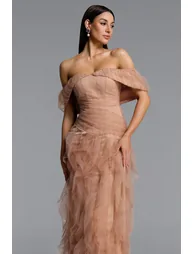 Revie Elegant Flowy Off Shoulder Ruffle Tulle Maxi Dress - 1