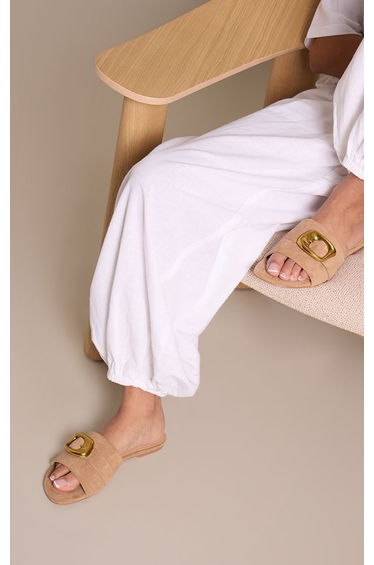Camel Faux Suede Buckle Detail Mule Sandals