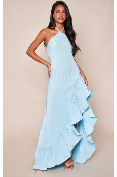 Baby Blue Satin Plisse Frill Detail Maxi Dress