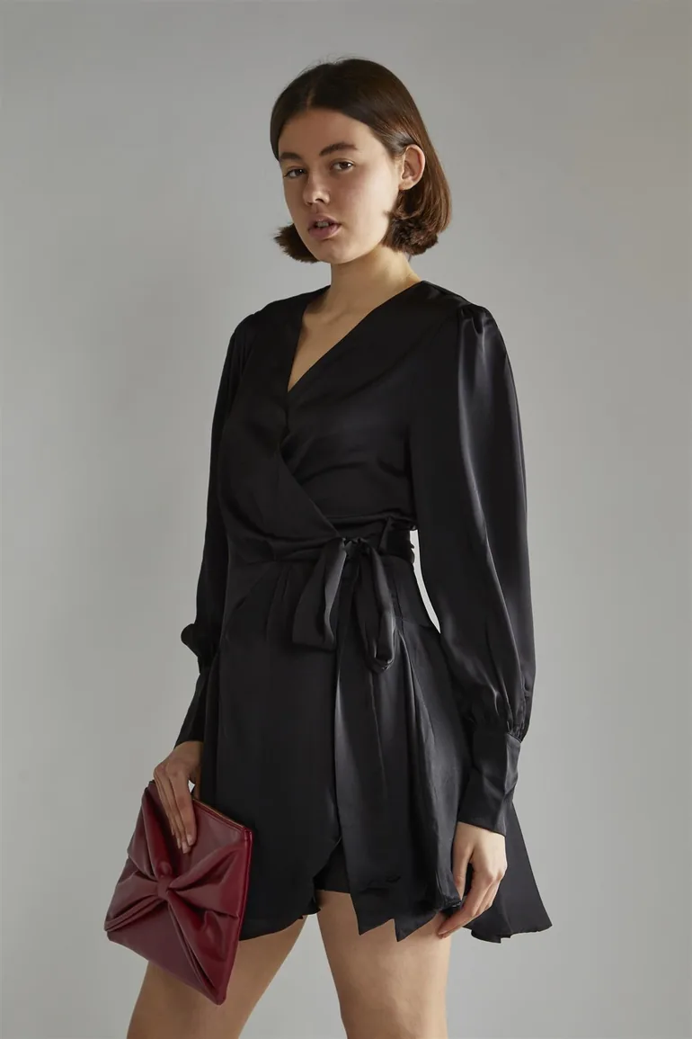 black silk wrap mini dress Black-Satin Wrap Mini-Dress