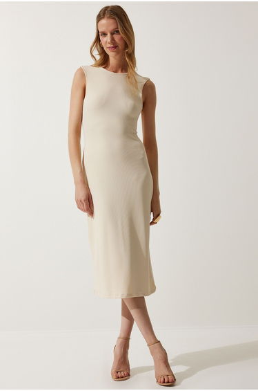 Women's Cream Decollete Ribbed Knitted Dress