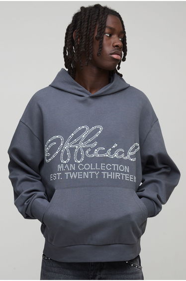Oversized Boxy Faux Pearl Embellished Interlock Hoodie - charcoal