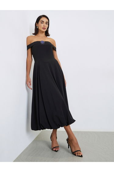 Black Bardot Midi Dress with Brooch Detail