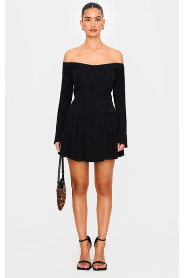 Black Woven Bardot Long Sleeve Shift Dress