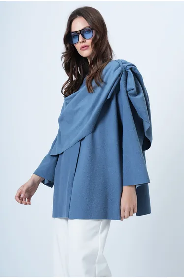 Women's Indigo Blue Shawl Detailed Fleece Jacket