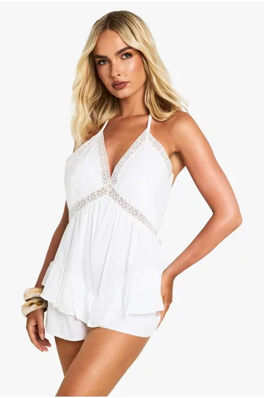 Cotton Halterneck Ruffle Lace Trim Playsuit - white
