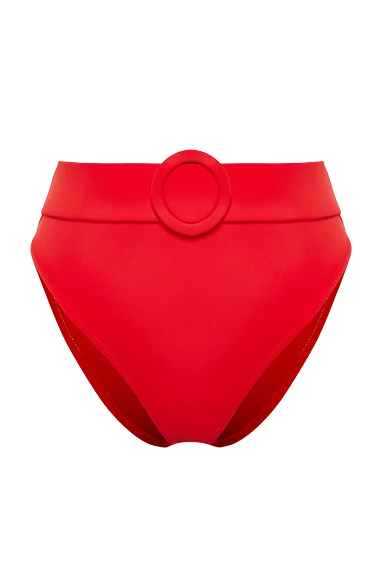 Red Belt Accessory High Waist High Leg Bikini Bottom - 3