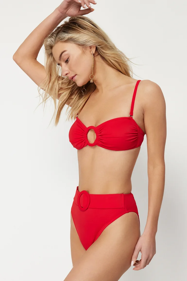 Red Belt Accessory High Waist High Leg Bikini Bottom - 1