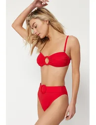 Red Belt Accessory High Waist High Leg Bikini Bottom - 1