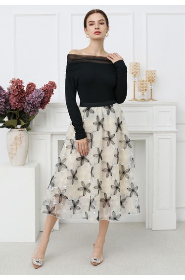Off-Shoulder Mesh Spliced Top in Black