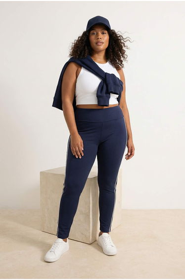 Navy Blue Soft Brushed Fabric Piping Detailed Flexible Knitted Plus Size Leggings