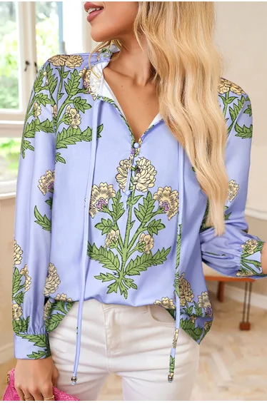 Lvness Sky Blue Floral Print Button Tie Neck Long Puff Sleeve Blouse