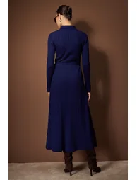 Navy blue metal belt detailed ribbed knit dress - 3