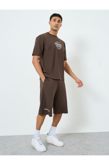Men Brown Graphic Print T-Shirt and Shorts Co-Ords