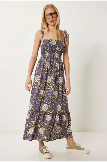 Women's Khaki White Patterned Strappy Summer Viscose Dress