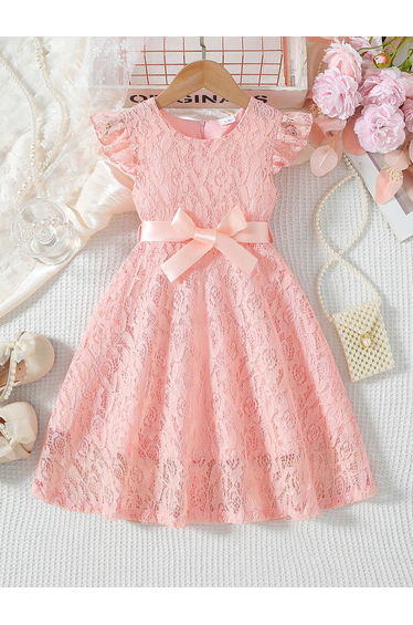 Lace Ruffled Sleeve Bow Detail Knee Length Dress