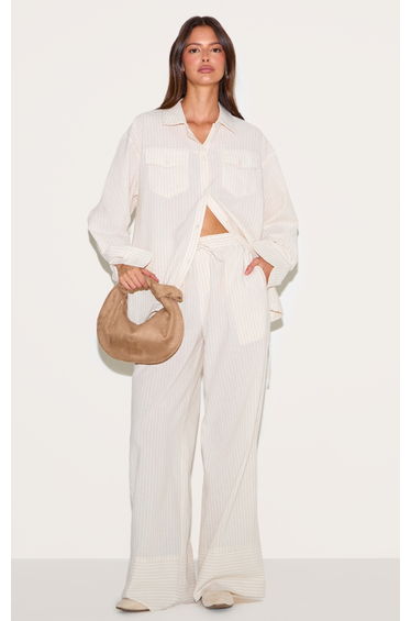 Stone Striped Linen Drawstring Wide Leg Trousers
