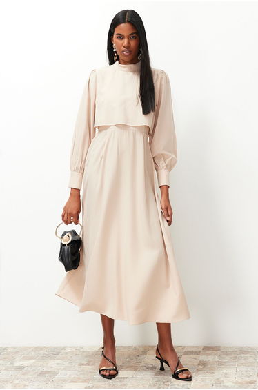 Beige Aller Piece Detailed Woven Dress