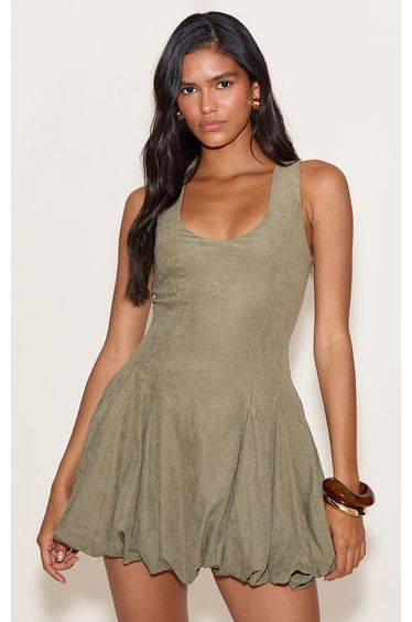 Khaki Textured Scoop Neck Puffball Dress