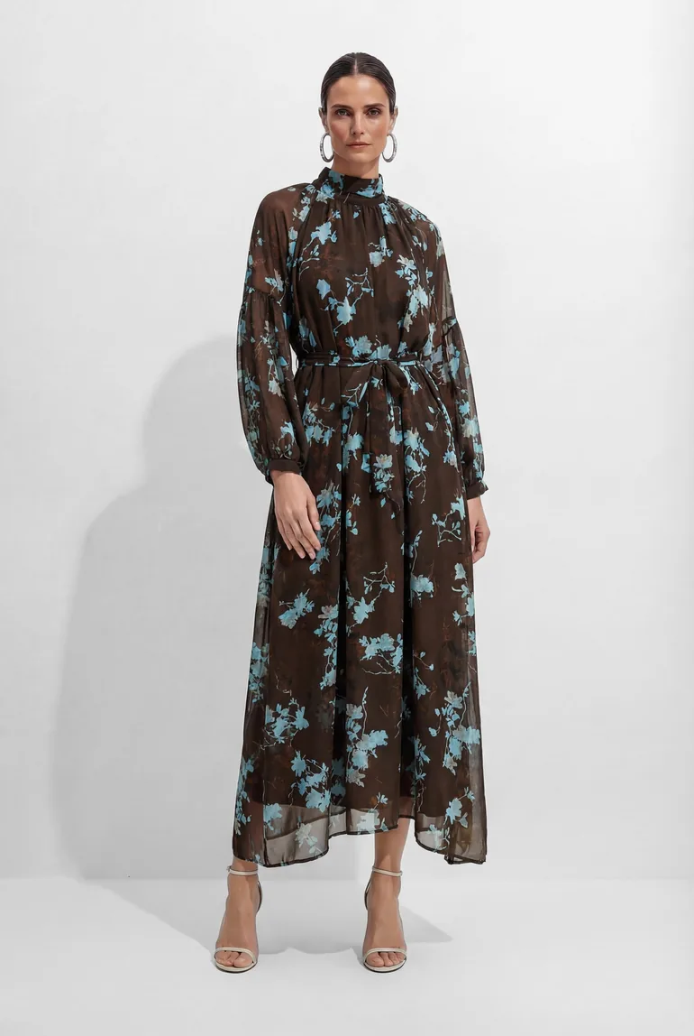 فستان سانفير شيفون بني ميداكسي على شكل حرف A بأكمام طويلة بطبعة أزهار - 11
