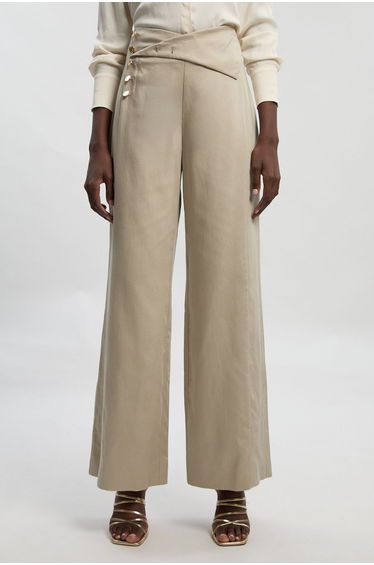 Petite Tailored Linen Button Front Wide Leg Trouser