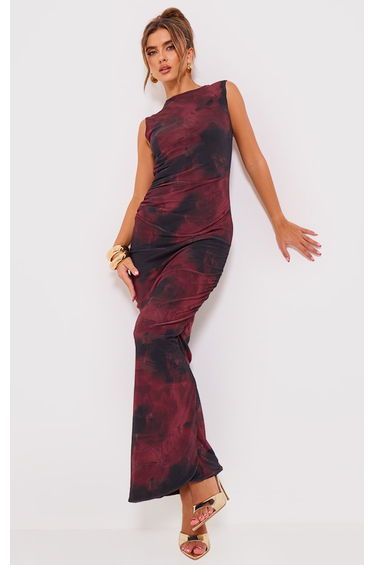 Burgundy Floral Print Mesh Maxi Dress