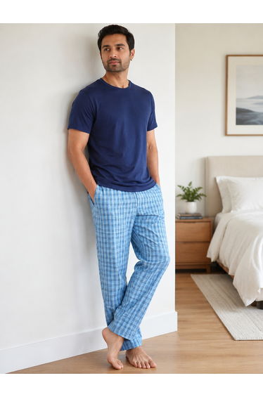 Men Solid Cotton T-Shirt and Checked Pyjama Set