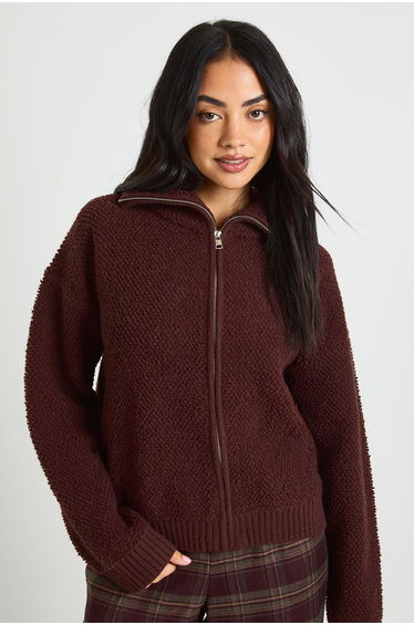 Chunky Boucle Knit Zip Through Jumper - chocolate