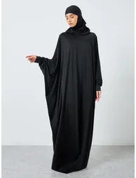 Solid Batwing Sleeve Hooded Abaya - 1