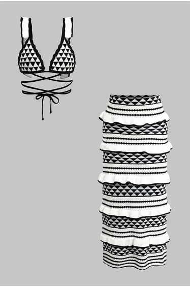 Stripe Tie Bra Top And Tiered Ruffle Knit Midi Skirt Set