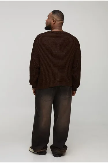Plus Chunky Knit Oversized V Neck Jumper - chocolate