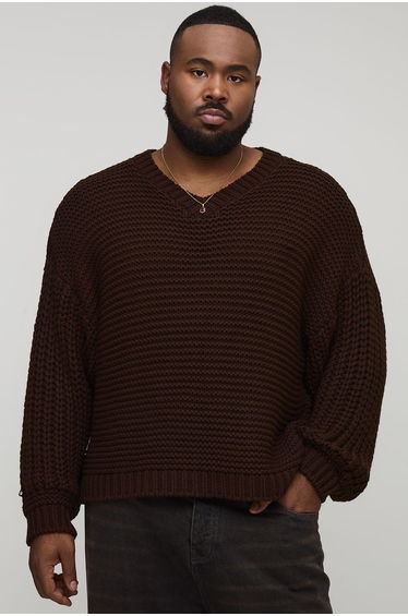 Plus Chunky Knit Oversized V Neck Jumper - chocolate