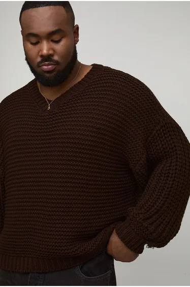 Plus Chunky Knit Oversized V Neck Jumper - chocolate