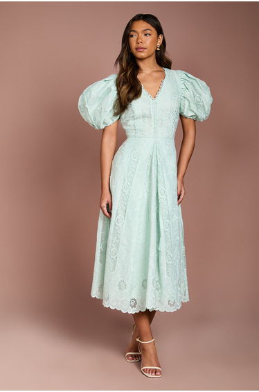 Puff Sleeve Lace Midi Dress