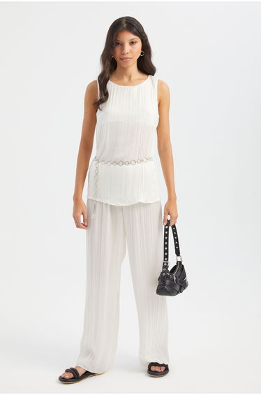 Round Neck Plisse Blouse with a Belt Detail