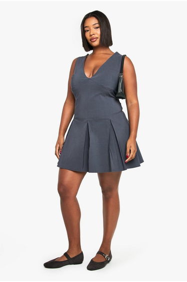 Plus Bengaline Plunge Pleated Skirt Mini Dress - charcoal